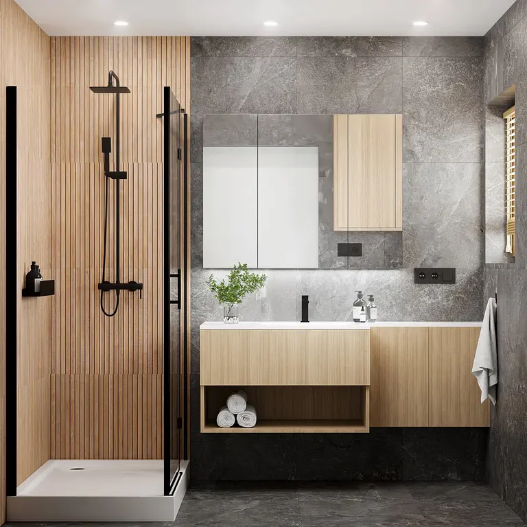 Nowoczesna łazienka z drewnianymi i szarymi elementami, minimalistyczny design