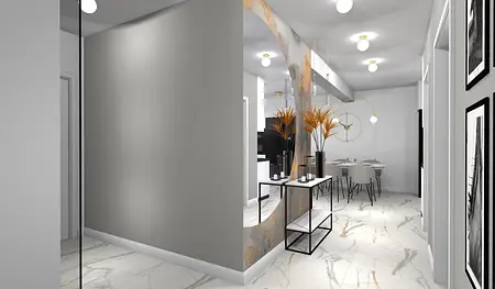 Wnętrze z art deco i japandi, nowoczesna przestrzeń z roślinami