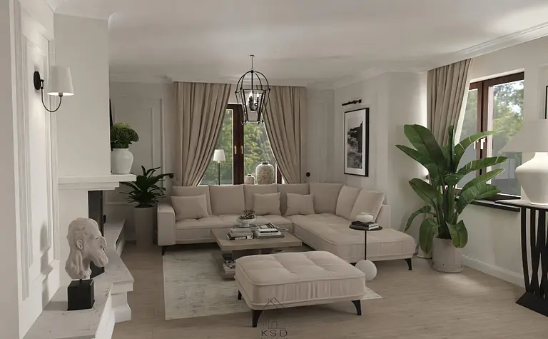 Wnętrze salonu z beżową sofą, drewnianym stołem i roślinami. Styl quiet luxury.