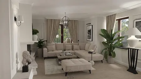Wnętrze salonu z beżową sofą, drewnianym stołem i roślinami. Styl quiet luxury.