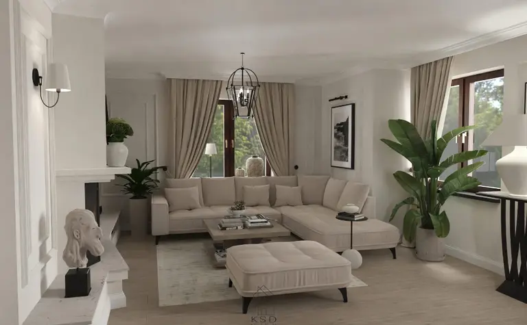 Wnętrze salonu z beżową sofą, drewnianym stołem i roślinami. Styl quiet luxury.