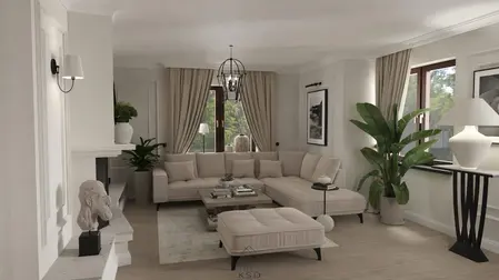 Wnętrze salonu z beżową sofą, drewnianym stołem i roślinami. Styl quiet luxury.