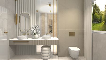 Nowoczesna łazienka w stylu glamour z białymi umywalkami i dekoracyjnymi roślinami.