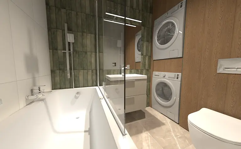 Współczesna łazienka z wanną, pralką i drewnianymi akcentami