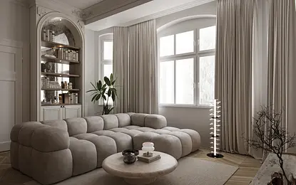 Eklektyczny salon z beżową sofą, drewnianym stolikiem i rośliną.