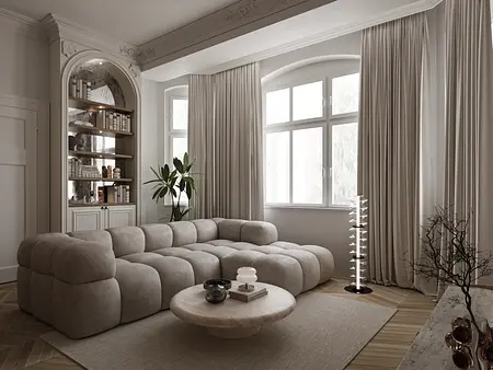 Eklektyczny salon z beżową sofą, drewnianym stolikiem i rośliną.