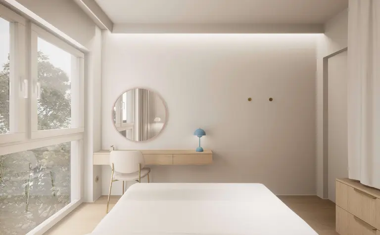 Wnętrze sypialni w stylu japandi, minimalistycznym, nowoczesnym i quiet luxury z jasnymi meblami.