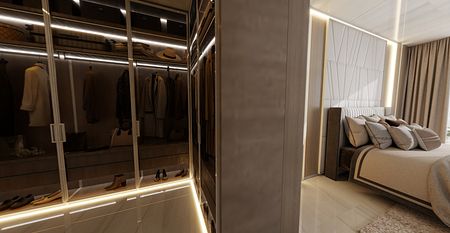 Garderoba z przeszklonymi drzwiami i nowoczesnym oświetleniem, przestrzeń do przechowywania.