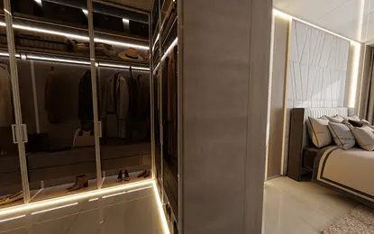 Garderoba z przeszklonymi drzwiami i nowoczesnym oświetleniem, przestrzeń do przechowywania.