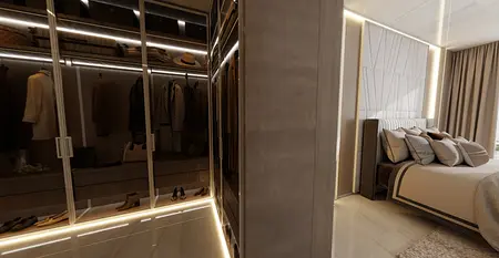 Garderoba z przeszklonymi drzwiami i nowoczesnym oświetleniem, przestrzeń do przechowywania.