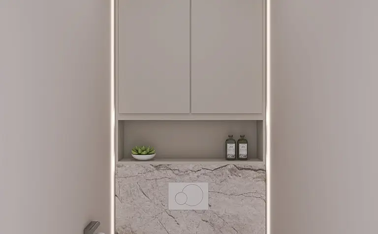 Minimalistyczna toaleta z nowoczesną białą ceramiką i współczesnym wykończeniem.