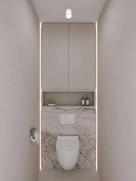 Minimalistyczna toaleta z nowoczesną białą ceramiką i współczesnym wykończeniem.