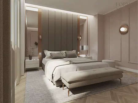 Sypialnia w stylu art deco, glamour i minimalistycznym z beżowym łóżkiem i szarymi dodatkami.