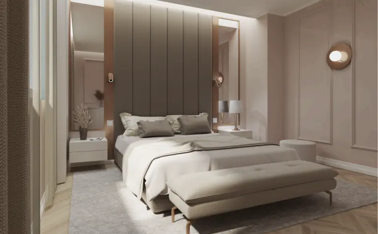 Sypialnia w stylu art deco, glamour i minimalistycznym z beżowym łóżkiem i szarymi dodatkami.
