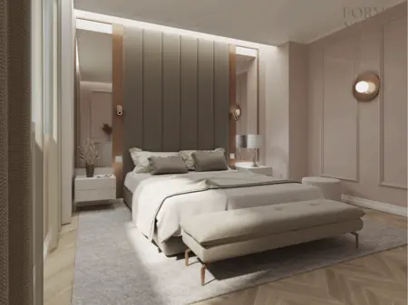 Sypialnia w stylu art deco, glamour i minimalistycznym z beżowym łóżkiem i szarymi dodatkami.