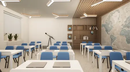 Wnętrze klasy szkolnej z niebieskimi krzesłami i białymi biurkami, styl minimalistyczny.