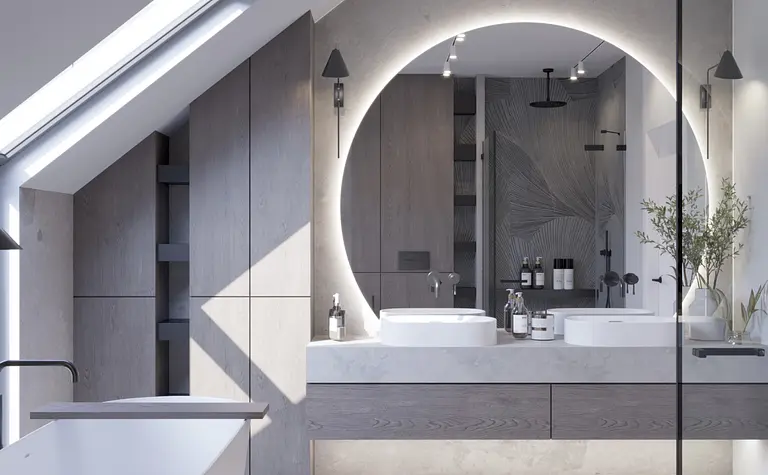 Nowoczesna łazienka z minimalistycznym stylem, wanną i podwójną umywalką.