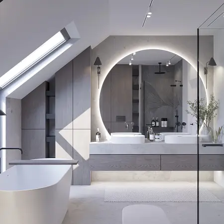 Nowoczesna łazienka z minimalistycznym stylem, wanną i podwójną umywalką.