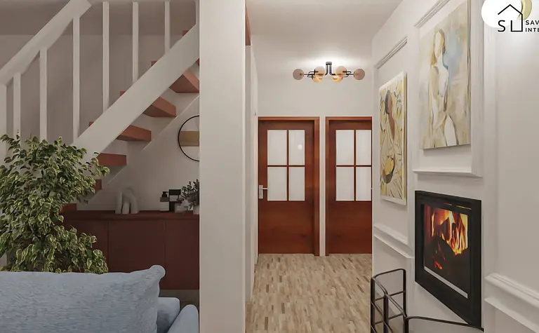 Przedpokój z minimalistycznym wystrojem, drewnianymi drzwiami i rośliną.