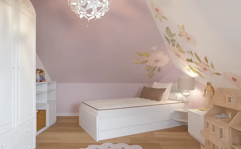 Pokój dziecięcy w stylu minimalistycznym i skandynawskim z białymi meblami i różowymi detalami.
