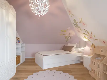 Pokój dziecięcy w stylu minimalistycznym i skandynawskim z białymi meblami i różowymi detalami.