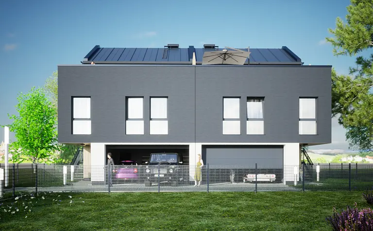 Nowoczesna fasada domu w stylu eklektycznym i industrialnym z garażem.