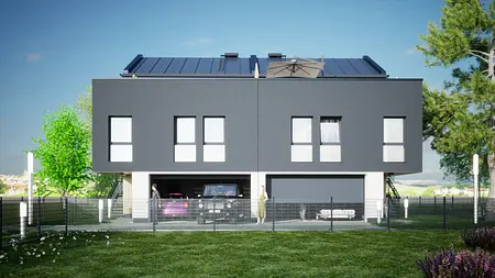 Nowoczesna fasada domu w stylu eklektycznym i industrialnym z garażem.