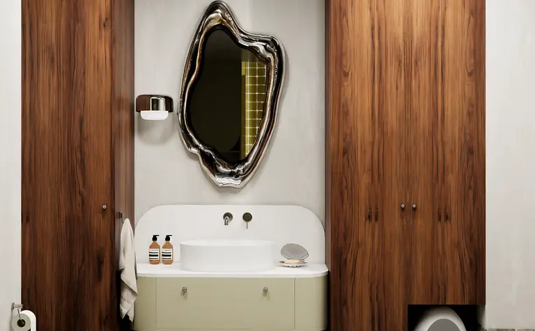 Wnętrze łazienki w stylu art deco, industrialnym i vintage z drewnem i eleganckimi akcentami.