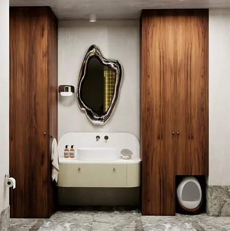 Wnętrze łazienki w stylu art deco, industrialnym i vintage z drewnem i eleganckimi akcentami.