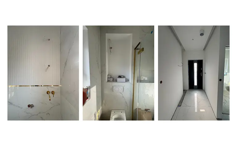 Nowoczesna łazienka z białymi kaflami, złotymi detalami, styl art deco, glamour, minimalistyczny.