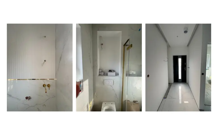 Nowoczesna łazienka z białymi kaflami, złotymi detalami, styl art deco, glamour, minimalistyczny.