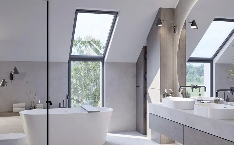 Nowoczesna łazienka z dużymi oknami, wanną i umywalkami w stylu minimalistycznym.