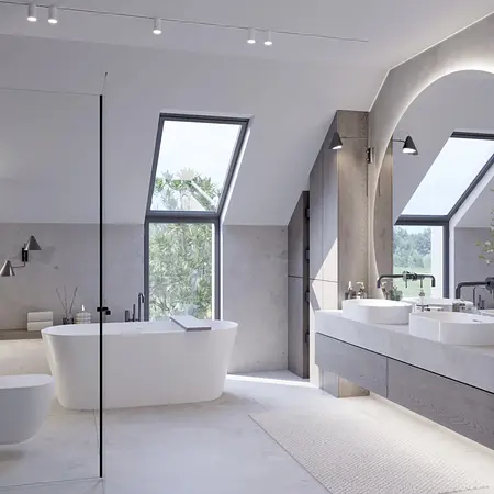 Nowoczesna łazienka z dużymi oknami, wanną i umywalkami w stylu minimalistycznym.