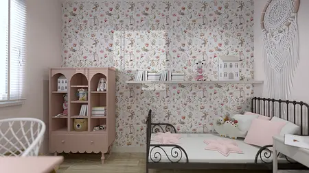 Pokój dziecięcy z różowymi meblami, kwiatowym tapetą i dekoracjami w stylu rustykalnym.