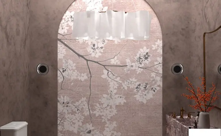 Nowoczesna łazienka w stylu art deco z kwiatowym muralem i minimaluxe.