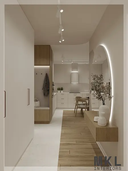 Przedpokój w stylu japandi z drewnianymi meblami i minimalistycznym oświetleniem.