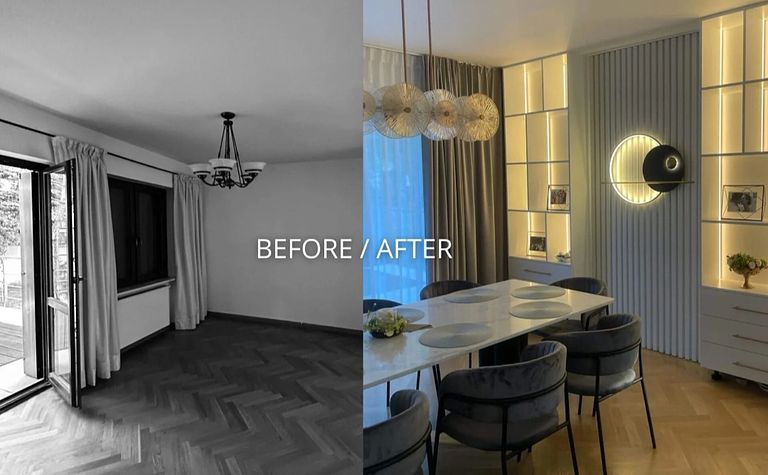 Wnętrze jadalni z białym stołem, szarymi krzesłami i nowoczesnym oświetleniem.