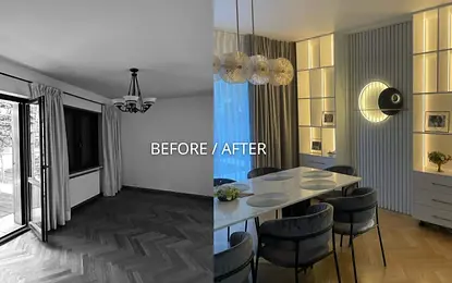 Wnętrze jadalni z białym stołem, szarymi krzesłami i nowoczesnym oświetleniem.