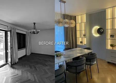 Wnętrze jadalni z białym stołem, szarymi krzesłami i nowoczesnym oświetleniem.