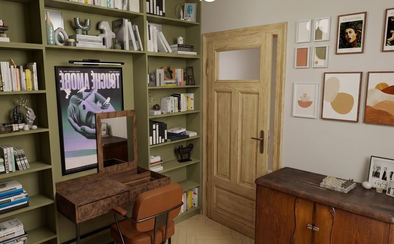 Gabinet w stylu art deco i vintage z regałem na książki i biurkiem.