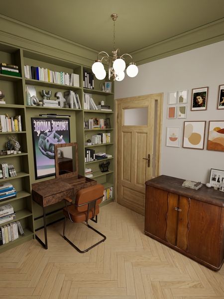 Gabinet w stylu art deco i vintage z regałem na książki i biurkiem.