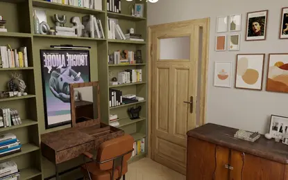 Gabinet w stylu art deco i vintage z regałem na książki i biurkiem.