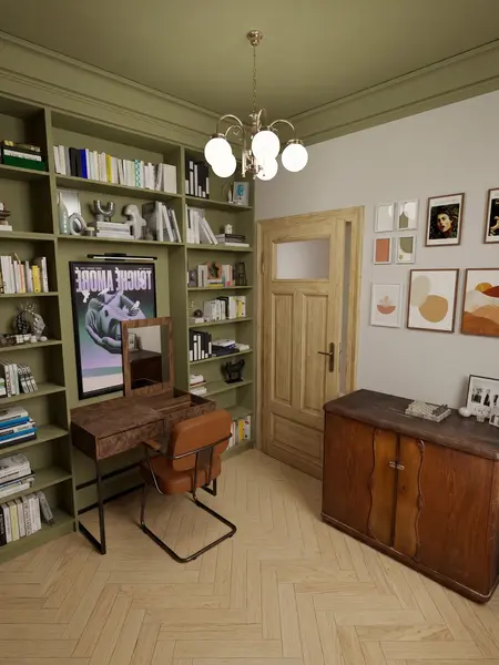Gabinet w stylu art deco i vintage z regałem na książki i biurkiem.