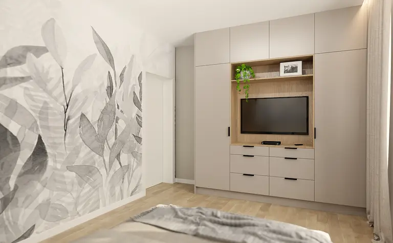 Wnętrze z telewizorem, jasnymi meblami i roślinami w minimalistycznym stylu.