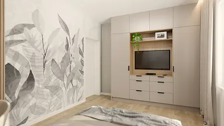 Wnętrze z telewizorem, jasnymi meblami i roślinami w minimalistycznym stylu.