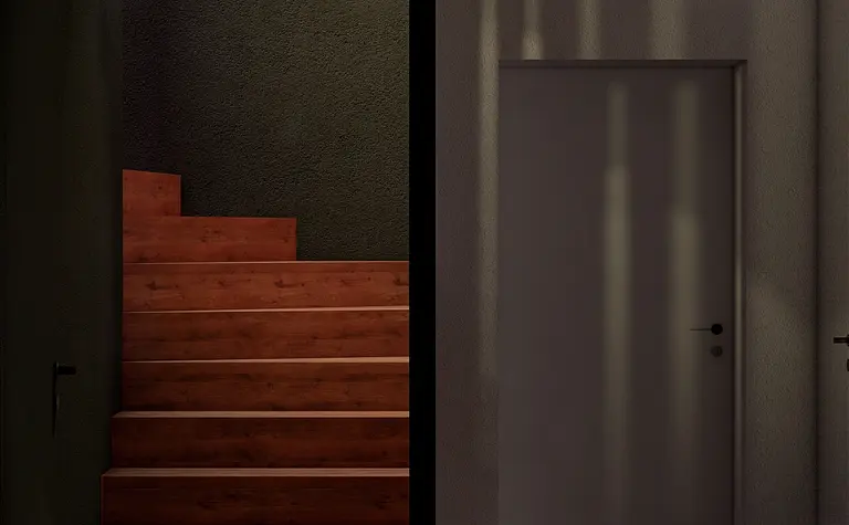 Wnętrze korytarza z drewnianymi schodami, szarymi ścianami w stylu eklektycznym, japandi i minimalistycznym.