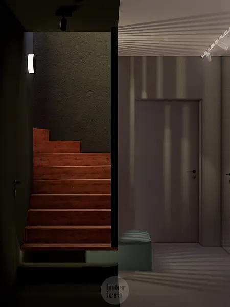 Wnętrze korytarza z drewnianymi schodami, szarymi ścianami w stylu eklektycznym, japandi i minimalistycznym.