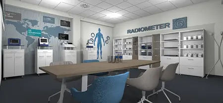 Wnętrze biura z białymi meblami, niebieskimi akcentami, w stylu industrialnym i minimalistycznym.
