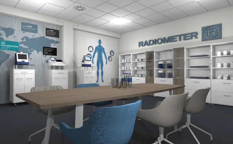 Wnętrze biura z białymi meblami, niebieskimi akcentami, w stylu industrialnym i minimalistycznym.
