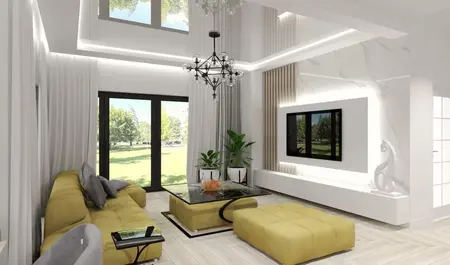 Wnętrze salonu z żółtą sofą, roślinami i dużymi oknami, styl art deco, boho, japandi